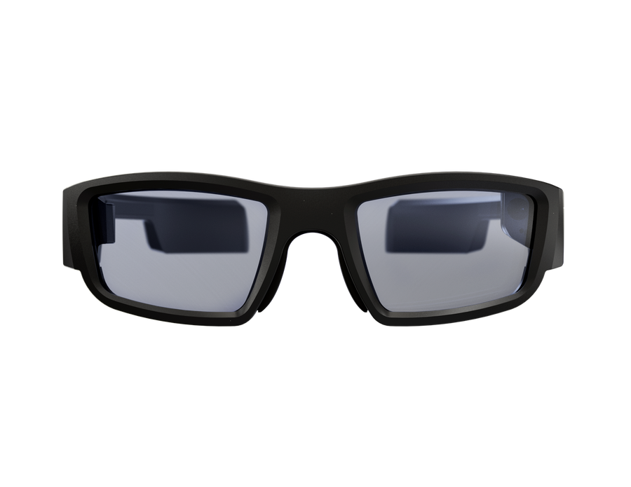 Side view of Vuzix Blade smart glasses with black frames and slightly tinted, safety-certified lenses.